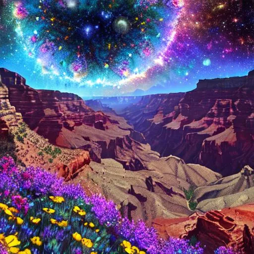 Prompt: intricate landscape of wildflowers in the universe, grand canyon, open bubbles, metal, color, flowers, ornate, intricate, flowing, neon, led, fractals, hyper-detailed, 64K, UHD, HDR, unreal engine, vivid colors