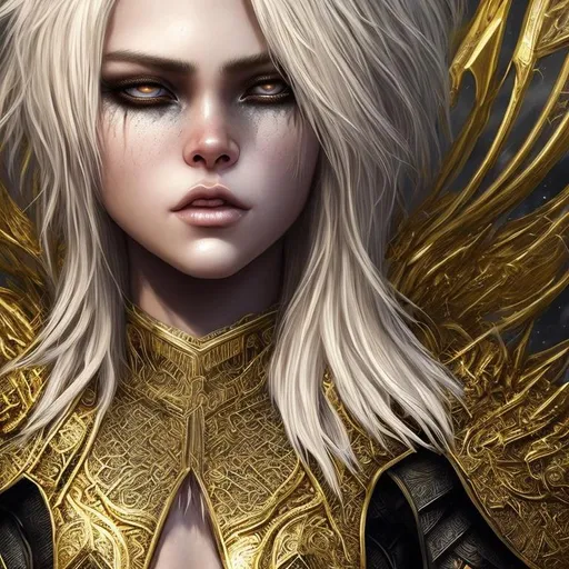 Prompt: A short blonde haired warrior with gold eyes + Man + Macho + Full HD render + immense detail + dramatic lighting + well lit + black, character sheet, + fine esoteric symbolism | ultra - detailed realism, soft cinematic lighting, high - quality, engraved | highly detailed |digital painting, artstation, concept art, smooth, sharp focus, Nostalgic, ethereal, nebula, 8k, hyper detailed, intricate detail, photorealistic, space void galaxy universe