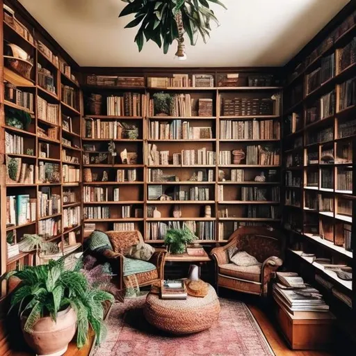 Prompt: A cozy library with so many books and plants