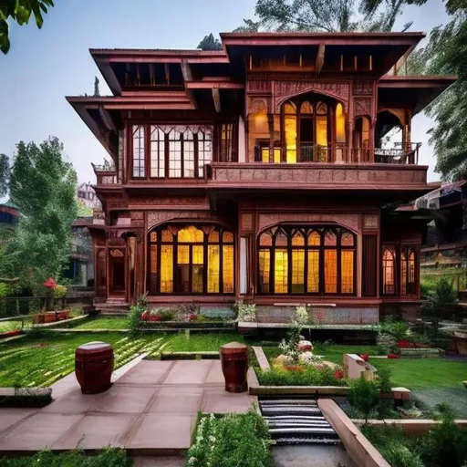 Prompt: kashmiri architectural house mixed with american inspired interiors features big bay glass windows, garden and porch, modern feel, with a modern kitchen