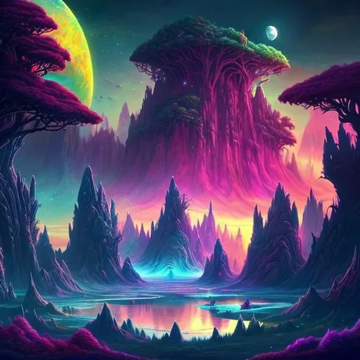 Prompt: Fantasy planet landscape with ship and moon, beautiful, colorful, fantasy art, digital painting, hyperrealism, hyperdetailed, landscape, photorealistic, psychedelic, radiant,  vibrant, Has trees and an island, abandoned ship, has a mountain in the background