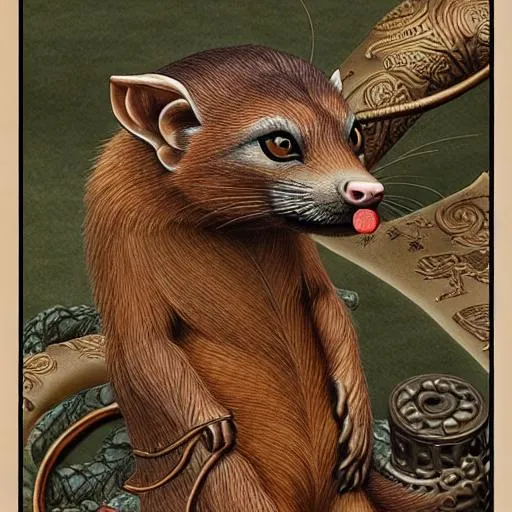 Prompt: Insanely Detailed Mongoose Japanese Mon, On a black Sash, Brown and Dark Green Colors, Intricately Detailed, Hyperdetailed, Legend of the Five Rings, Hyperrealistic, 4K, 8K resolution, 3D shading, beautiful, Asian Aesthetic, L5R, Anciant Japanese