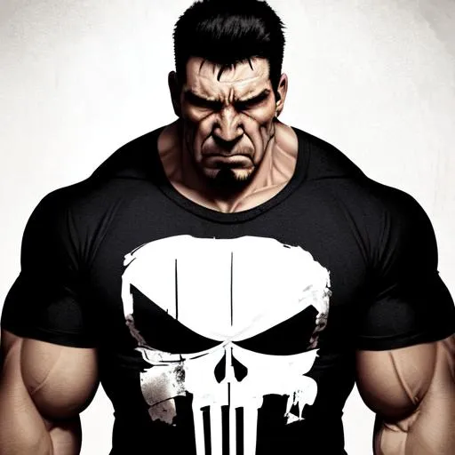 Prompt: portrait of Punisher with his iconic teeshirt and muscular build ,  depicts a strikingly formidable figure, emanating an intense and unyielding aura that inspires both fear and awe. The visage is characterized by fierce, unflinching eyes that appear to bear witness to past injustices and plot revenge with unrelenting determination. The overall countenance of the portrait exudes a grim, unyielding presence, as if the Punisher were a force of nature, resolute in his quest for justice, and unafraid of the consequences. It is a chilling portrayal that commands respect and reverence, drawing the viewer in with its fierce and vengeful energy.