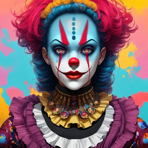 Prompt: clown girl, greg rutkowski, vibrant colors, full hd, high quality, 4k, trending on artstation, oil painting, symmetrical, intricate, highly detailed,