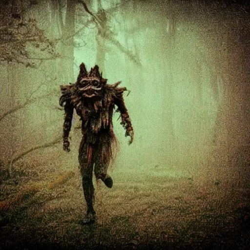 Prompt: eerie humanoid creature roaming a eerie wonderland , grainy polaroid, early technicolour image, photorealistic, Blurry, running at you, in the fog