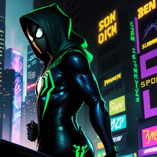 Prompt: Comic book artstyle, cel-shaded, album cover. Spiderman with black and green cybernetic suit. Cyberpunk. Hood. Non-binary