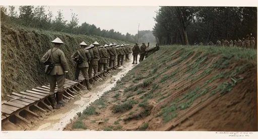 Prompt: A World War One Trench in color with World War One American soldiers in the World War One Trench in the rain and some World War One American Soldiers look over the trench with their rifles and some World War One American Soldiers dead and some World War One American soldiers hiding, The World War One Trench is made of wood and dirt, and World War One American soldiers jumping over the trench, in the middle battle. And german World War One soldiers running towards the trench