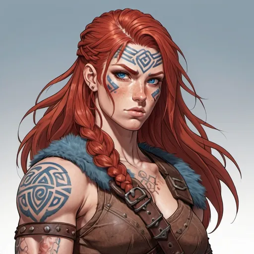 Prompt: Tall,muscular  female barbarian with a masculine features,red hair ,blue eyes, scars,and Celtic  tattoos on their right arm. Drawn in a slightly anime style