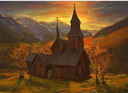 Prompt: "Golden hour", Dark, Distant Norwegian Stave Church in the center of a norwegian valley, oil painting in style of Thaulow, golden hour, highly detailed
No frame