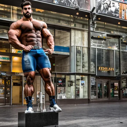 Prompt: Handsome 9000 foot tall giant hyper muscular Spanish bodybuilder packed with muscle, city near feet