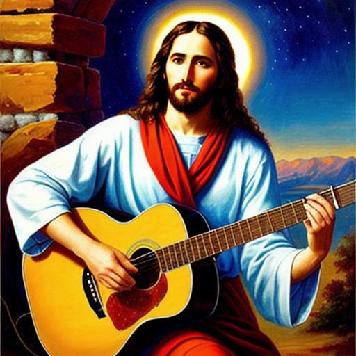 Jesus Christ playing the guitar in the heavens, beau... | OpenArt