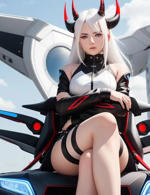 Prompt: Badass White hair girl with black eyes sitting on a futuristic car with their legs crossed under the blue sky 4k with black-red demon horns, perfect body,