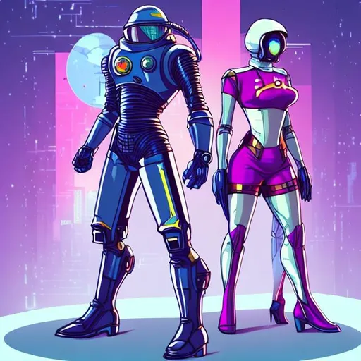 Prompt: retro-futuristic spacehero in sci-fi battle stance and with high heeled Gynoid at their side