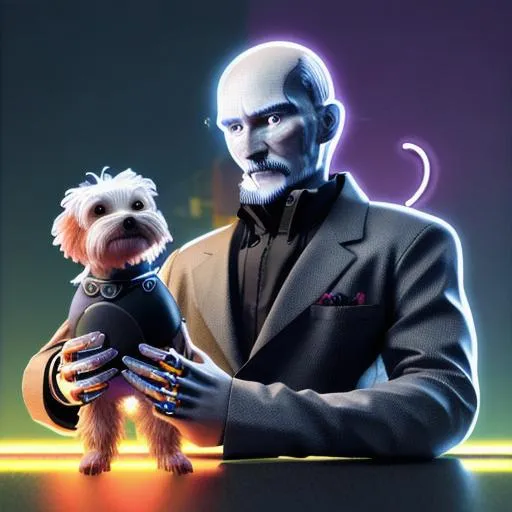 Prompt: image of cyborg Thomas hobbes with robotic yorkie terrier in the metaverse, aliens and moon, beams of neon rays, ai render, smoke, ice and fire
