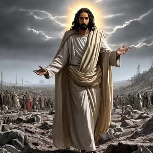 Prompt: Jesus returning After the Tribulation of Nuclear Winter