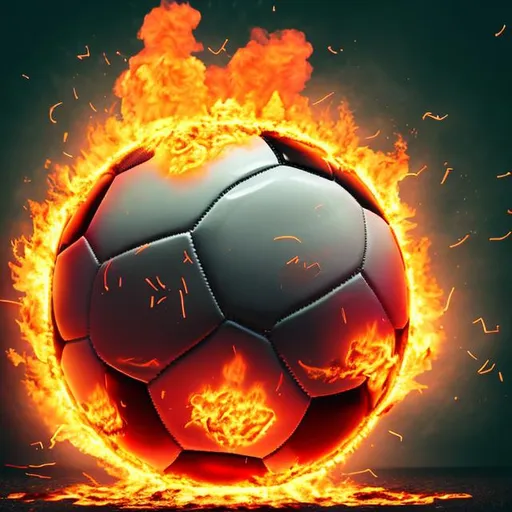 Prompt: a huge soccer ball engulfed in flames, in motion, money bills scattered on its foreground