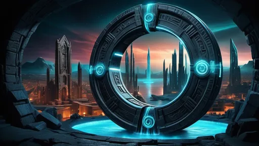 Prompt: magical portal between cities realms worlds kingdoms, circular portal, ring standing on edge, upright ring, freestanding ring, hieroglyphs on ring, complete ring, ancient roman architecture, atlantis setting, blue aurora borealis, panoramic view, dark night, futuristic cyberpunk tech-noir setting