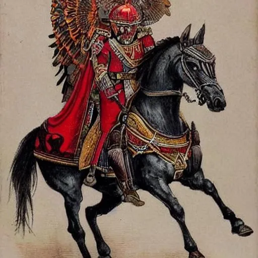 Prompt: Polish Winged Hussar on a horse with Polish flag in a fantasy setting