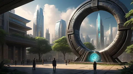 Prompt: magical portal between cities realms worlds kingdoms, circular portal, ring standing on edge, upright ring, freestanding ring, hieroglyphs on ring, complete ring, ancient sumerian architecture, gardens, hotels, office buildings, shopping malls, large wide-open city plaza, turned sideways view, futuristic cyberpunk tech-noir setting