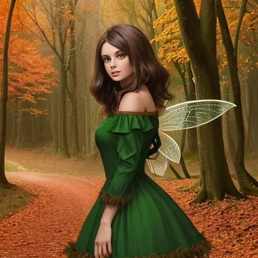 Prompt: brunette fairy woman, red wings, green dress, Autumn woods background 