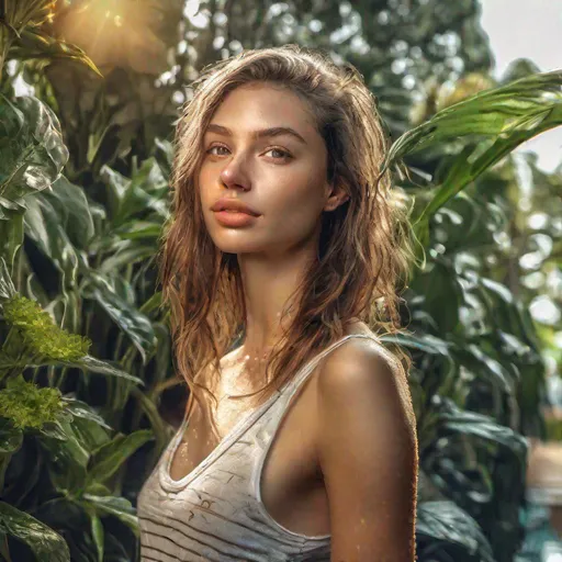 Prompt: a beautiful 23 yo woman, Summer clothes, plants background, 8k, HDR, best quality, ultra-detailed, Intricate details, details lips, details hair, looking at viewer, shadow, Light reflection on the skin, wet skin, Masterpiece, skinny, natural lighting realistic,