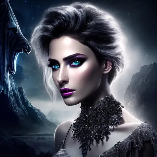 Prompt: HD 4k 3D 8k professional modeling photo hyper realistic beautiful woman ethereal greek goddess of the night
silver hair gray eyes gorgeous face black skin black shimmering dress black wings full body silver jewelry  crown surrounded by magical glowing starlight hd landscape background of enchanting mystical stars black cosmos moon