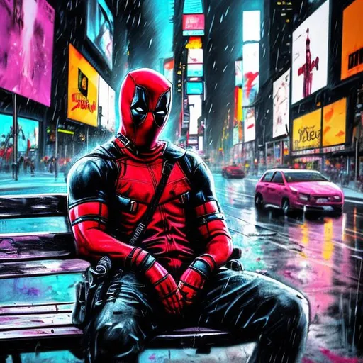 Prompt: graffiti style Deadpool on a bench in the rain listening to music on headphones with a hood on times square new york city with a never gonna give you up billboard 