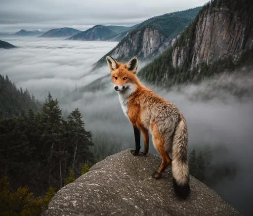 Prompt:   low ground camera angle, wide lens,  soft muted colors, photorealistic view closeup of back view of a lone fox and back of head looking down from a rocky outcrop,  a lake below and misty mountain ranges in the distance.  Thick fog blankets the valleys in the distance, mystery and intrigue, ethereal rays of light stream down ahead. solitude and introspection, oil paint style, with soft brushstrokes and muted colors, dreamlike misty mountains. DOF, --ar 16:9 --v 5, bokeh: -4