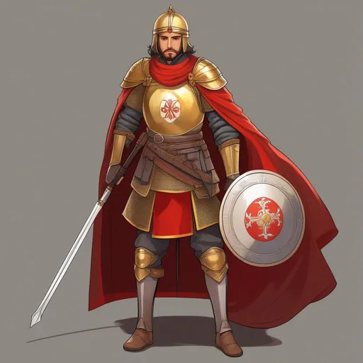 Prompt: A serbian medieval soldier. He wears a shield and a spear. light hide armor. Red mantle and tunic. A golden lion on the chest. Donskoy helmet. anime art. akira art. rpg art. star wars art. 2d art. 2d.  
