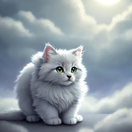 Prompt: Cute, very, very, light gray, fluffy, fantasy light kitten, with cloudy, white eyes, very, light, light, gray fur, and possessing the element of air and making circles of clouds and air move around in the air in a magical way, in a space background. Perfect features, extremely detailed, realistic. Krenz Cushart + loish +gaston bussiere +craig mullins, j. c. leyendecker +Artgerm.