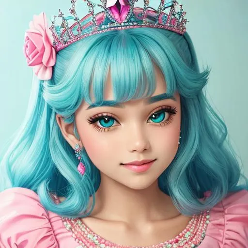 Prompt: princess wearing tiara, pink and turquoise color scheme, facial closeup