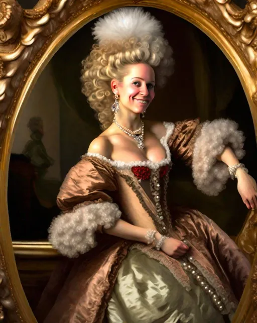 Prompt: An elegant Polish noblewoman in an ornate Rococo-era gown poses in a lavish drawing room. Her powdered hair is styled high in voluminous curls adorned with pearls. She smiles coyly, one hand adjusting a feathered hat. Oil paintings in gilded frames hang on damask walls behind her. Shot using Rembrandt lighting, baroque ambiance.