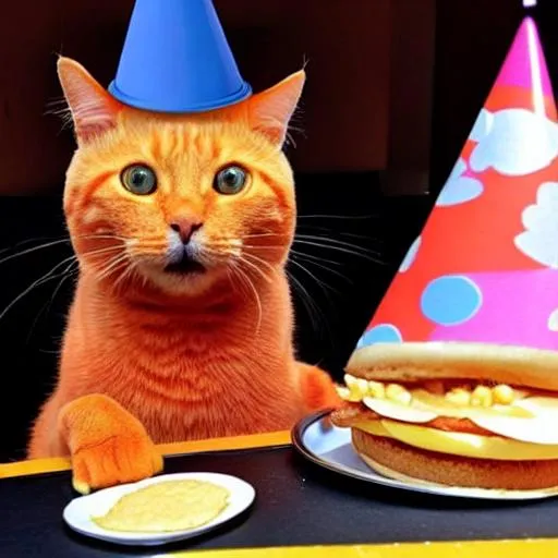 Prompt: A orange cat eating a big Mac with a party hat on. 