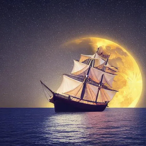 Prompt: An ancient magical ship in midst of ocean during night long range view from front in 3D with moon in sky