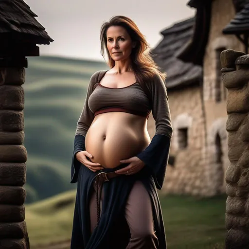 Prompt: middle aged woman, attractive, very well endowed, big bare pregnant belly, muscular, crop top pants, long sleeves, active, calm, serous, photography, photo, full view, hight details, eyes open, medieval fantasy settings, d&d, dungeons and dragon, forgotten realms, high fantasy, dirty, sweaty, medieval village,