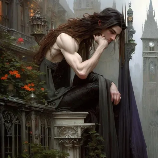 Prompt: Full body splash art of skinny male, androgynous, handsome, very long dark hair, pale skin, victorian clothes, elegant, highly detailed, intricate, smooth, sharp focus, artstation, digital painting, concept art, art by greg rutkowski, alphonse mucha and John William Waterhouse, dark, eerie, gothic, creepy, romantic, insanity