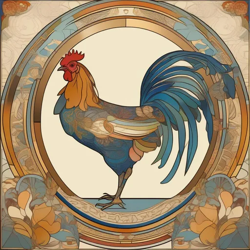 Prompt: An art deco posed bird, Chicken painted in the style of artist Mucha with an elaborate background