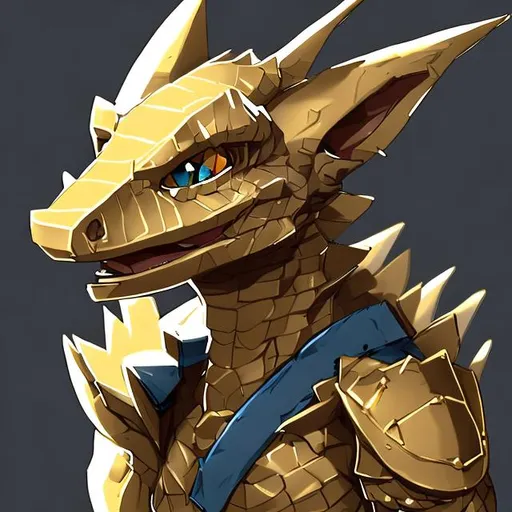 Prompt: scaled draconic kobold, golden, anime humanoid, blue eyes, long snout, 2d art, armor