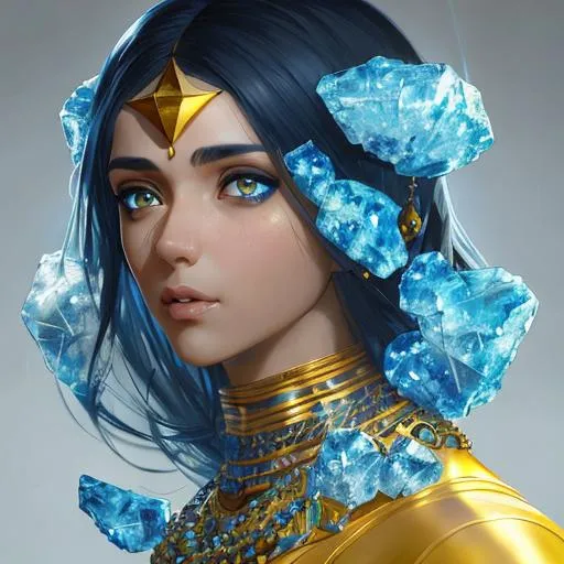 Prompt: an Arab man in yelow crystal geode, these eyes are made of blue crystals, by artgerm, alessio albi, fabian perez, pino daeni, karol bak, cushart, wlop, craig mullins, peter mohrbacher, daniel f gerhartz, malcolm liepke