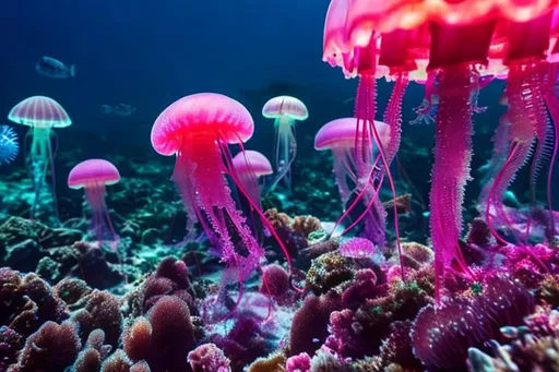 Prompt: Small Jellyfish colony, colourful great barrier reef, neon colours, mesmerising, photorealistic, 4k, vivid.