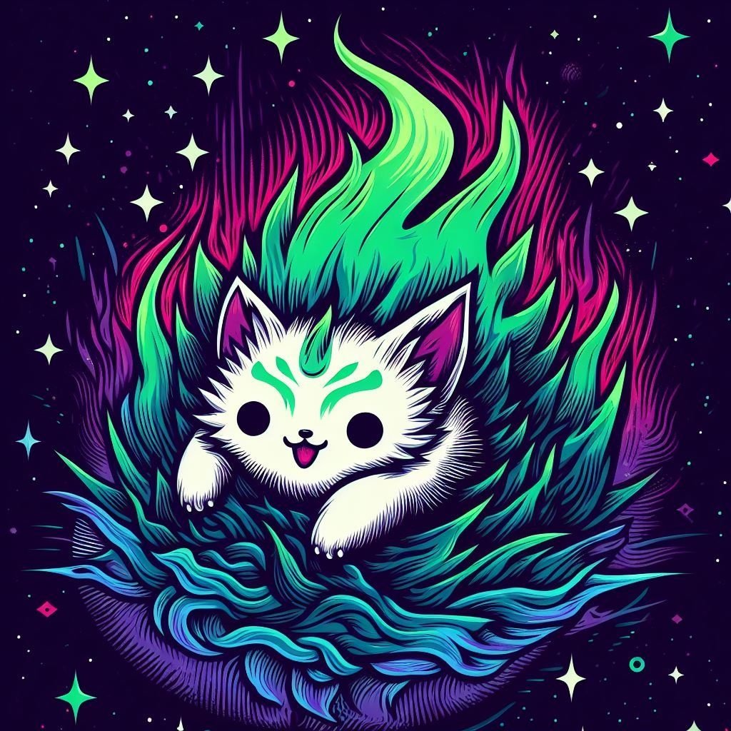 Prompt: an illustration of a cat of anime in space with a green flame, in the style of dark sky-blue and purple, spiky mounds, unique yokai illustrations, 32k uhd, metal, sparklecore, colorful costumes