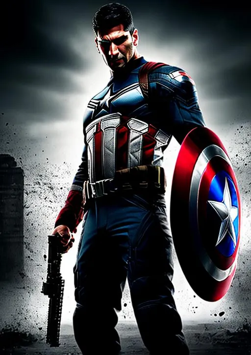 Prompt: High-resolution hyperrealistic photo of {the punisher} [frank castle] merged with captain america {steve rogers}, skull logo, black and crimson and grey costume, uhd, hdr, 64k