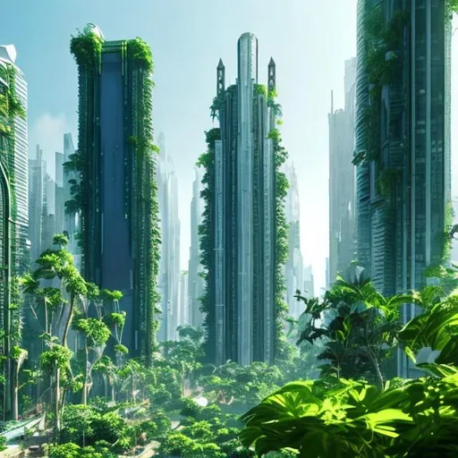 Prompt: Futuristic City White tall skyscrapers overgrown lush green plants
