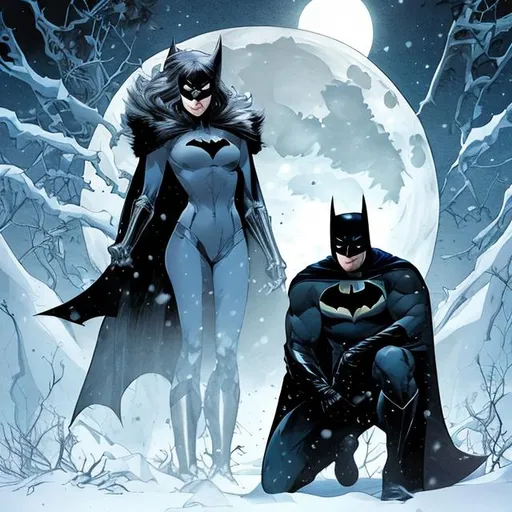 Prompt: Create graphic novel book cover of BATMAN, detective face, wearing avalanche snow white winter camouflage cowl and costume and cape, kneeling on one knee, in a snow covered night time field, with full moon shining 