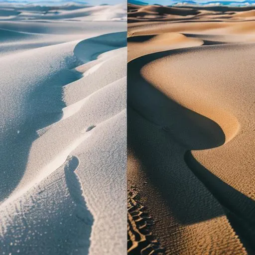 Prompt: Snow on the left, sand desert on the right. 