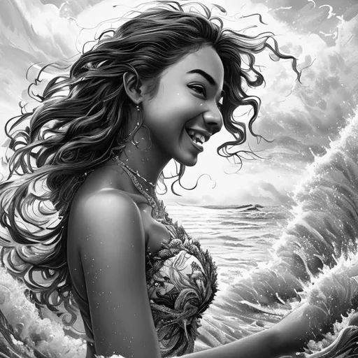 Prompt: Black and white ultra high detailed full body young adult man beautiful woman with nice eyes smiling, beach in background , floral covered dress best quality, highly detailed, art, illustration beautiful girl holding sea in background, high detailed, masterpiece, poster art, arabian