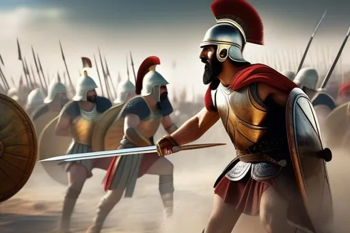 Prompt: Ancient Greece Battle Between Greek and Persian Soldiers, Realistic Digital Artwork, Historical Accuracy in Style, Capturing the Intensity of the Epic Clash, Camera: High-Resolution DSLR, Shot: Gritty Frontline View, Rendered with Authentic Armor and Weapons, (realistic digital artwork:1.2), (historical accuracy in style:1.15), (ancient greece:1.1), (greek and persian soldiers:1.1), (high-resolution DSLR:1.08), (gritty frontline view:1.1), (authentic armor and weapons:1.1)