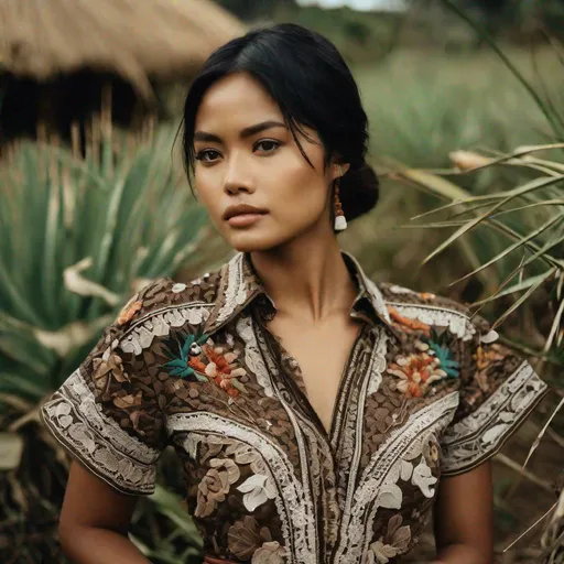 Prompt: RAW photo, 3/4 body shot, pretty young Indonesian woman, 25 year old, (round face, high cheekbones, almond-shaped brown eyes, epicanthic fold, small delicate nose, short black hair), embroidered button down shirt, gypsy skirt, dynamic pose, scenery landscape rural tropical, masterpiece, masterpiece, intricate detail, hyper-realistic, photorealism, hyper detailed texturing, high resolution, best quality, UHD, HDR, 8K, award-winning photograph, octane render