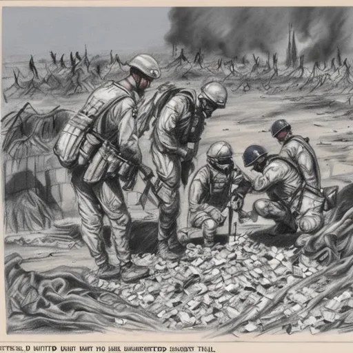 Prompt: United States, military soldiers exposed to burn pits, sketch


