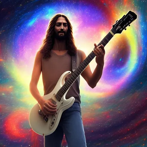 Prompt: jesus playing guitar in an alien shopping mall, infinity vanishing point, spiral galaxy background